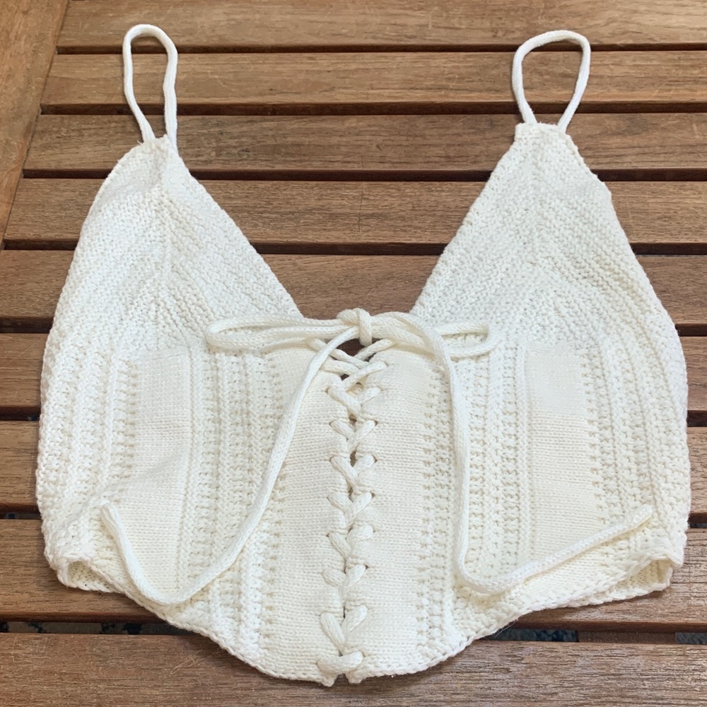 EUC L.A. HEARTS Bohemian Crochet Festival Ivory Knit Lace-Up Crop Top Size XS